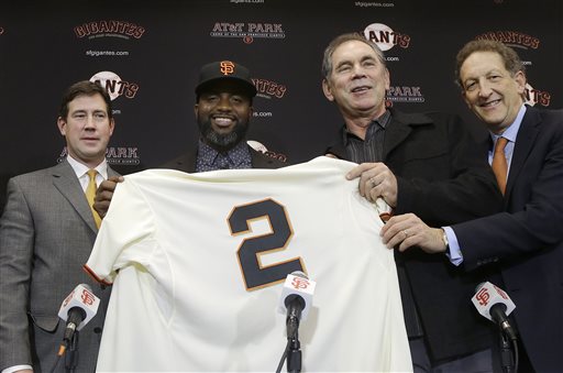 Denard Span, Bobby Evans, Bruce Bochy, Larry Baer_295231