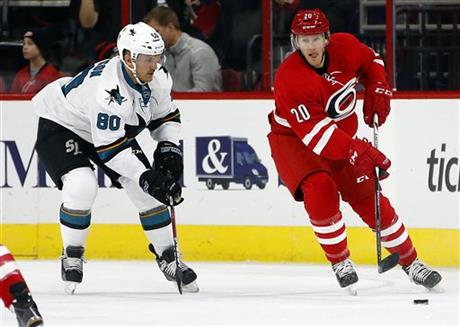 Carolina Hurricanes' Riley Nash (20) works the puck on San Jose Sharks' Matt Tennyson (80) during the first period of an NHL hockey game Friday_315188