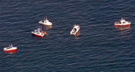 In this still frame from video provided by KABC-TV, a flotilla of boats search for wreckage from two small planes that collided in midair and p_308693