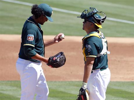 Oakland A's pitcher Sean Manaea, left, talks with catcher Bruce Maxwell during the second inning of a spring training baseball game against the_333327