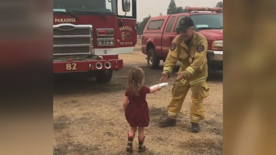 cute girl hands out sandwiches california fires