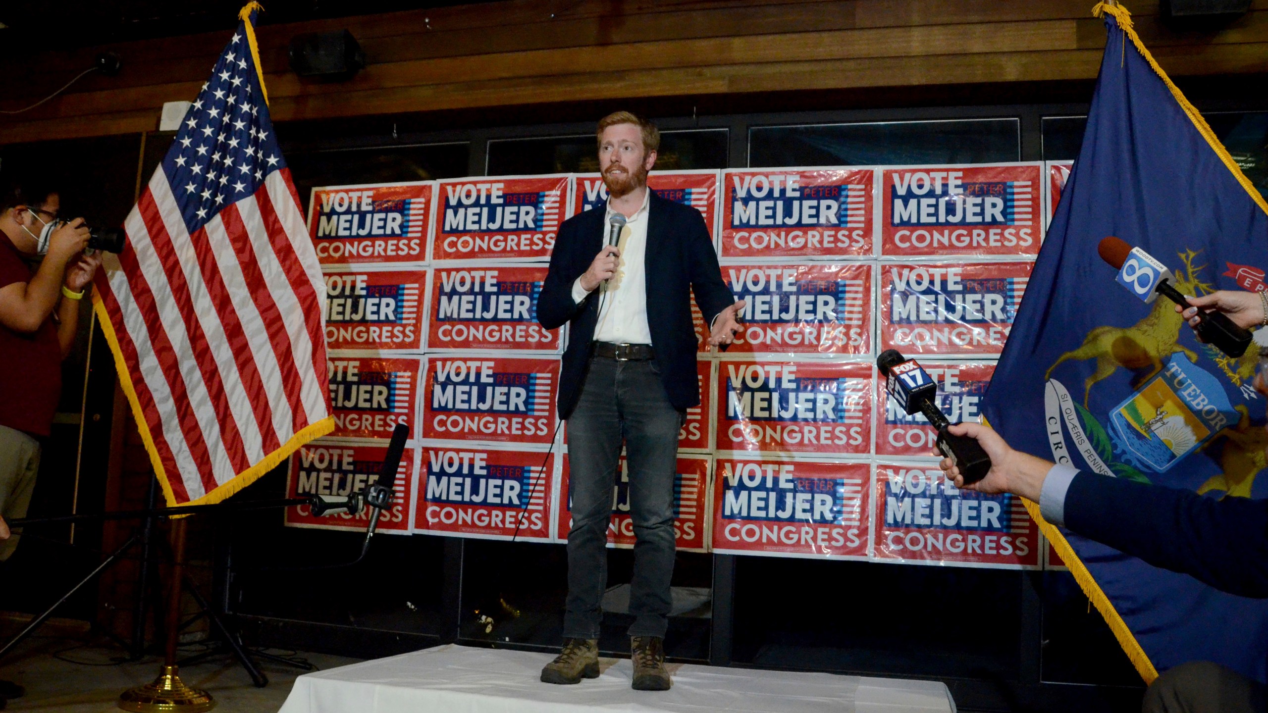 FILE - Rep. Peter Meijer, R-Mich., speaks with the media late Tuesday, Aug. 2, 2022, in Grand Rapids, Mich. Republican former congressman Peter Meijer has announced he'll run for an open U.S. Senate seat in Michigan in 2024. (Katy Batdorff/Detroit News via AP, File)