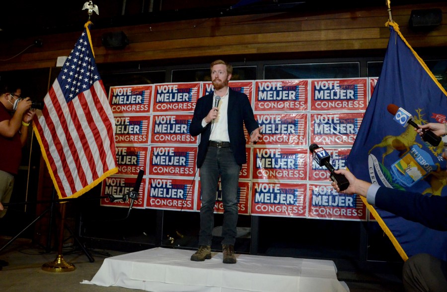 FILE - Rep. Peter Meijer, R-Mich., speaks with the media late Tuesday, Aug. 2, 2022, in Grand Rapids, Mich. Republican former congressman Peter Meijer has announced he'll run for an open U.S. Senate seat in Michigan in 2024. (Katy Batdorff/Detroit News via AP, File)