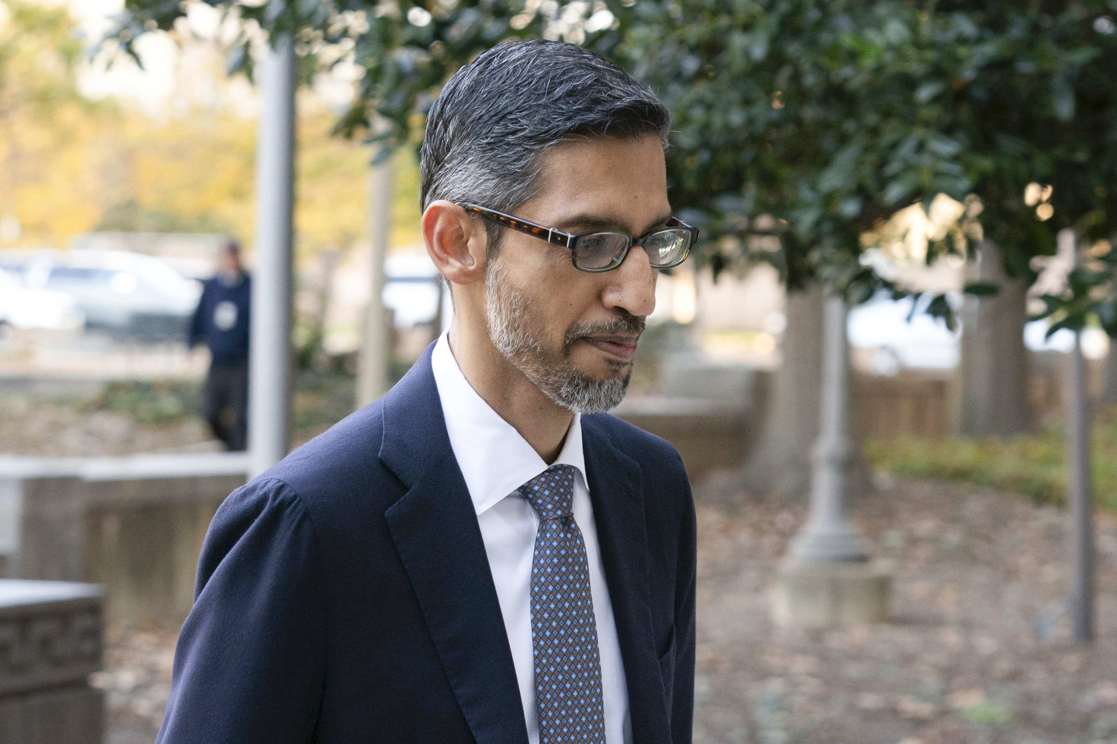 FILE - Google and Alphabet Inc. CEO Sundar Pichai arrives at the federal courthouse in Washington, Monday, Oct. 30, 2023. Google on Monday, Nov. 6, will try to protect a lucrative piece of its internet empire at the same time it’s still entangled in the biggest U.S. antitrust trial in a quarter century. The latest threat will unfold in a San Francisco federal court, where a 10-person jury will decide whether Google's digital payment processing system in the Play Store that distributes apps for phones running on its Android software has been illegally driving up prices for consumers and developers. (AP Photo/Jose Luis Magana, File)